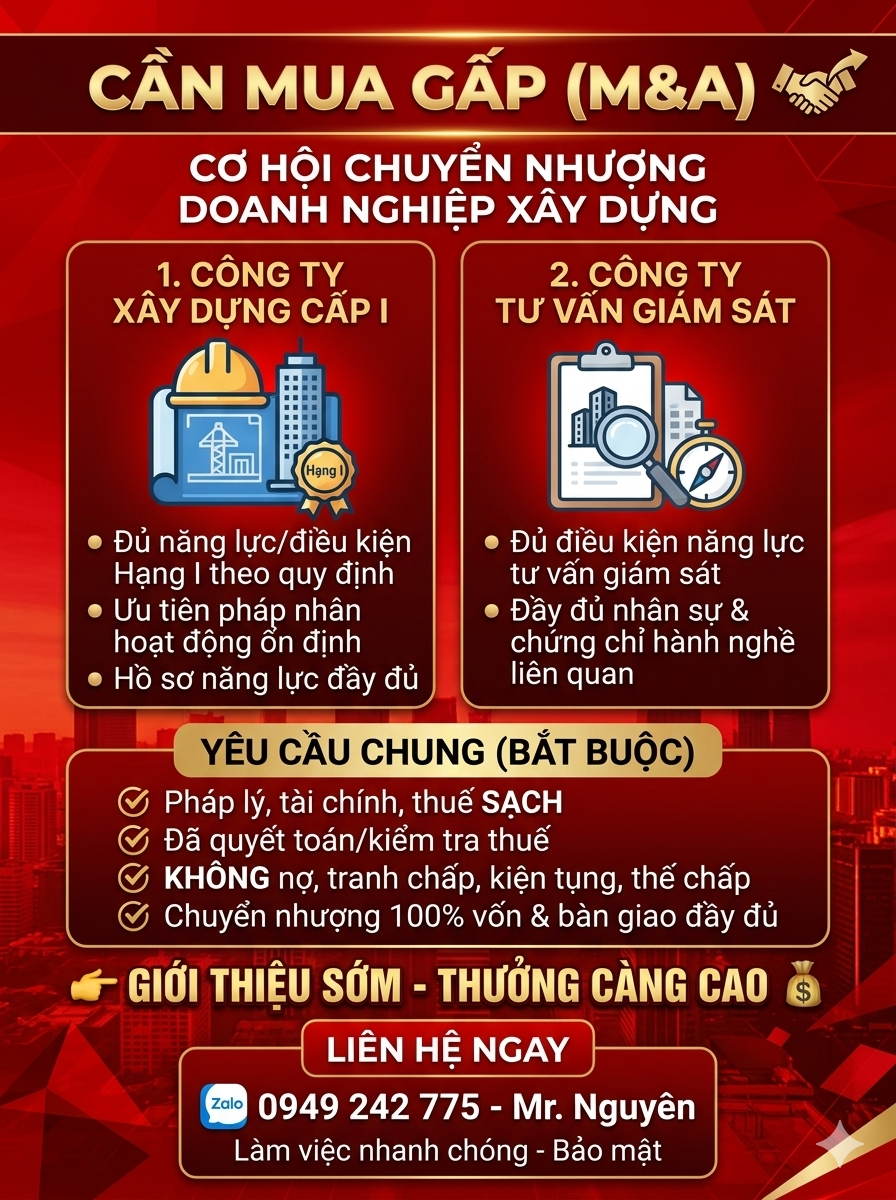 CẦN MUA GẤP: CTY XÂY DỰNG HẠNG 1  –  CTY TƯ VẤN GIÁM SÁT XÂY DỰNG HẠNG 1
